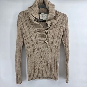 Old Navy small Tan Cable Knit Hoodie Sweater Cowl Neck Toggle Y2k bella swan